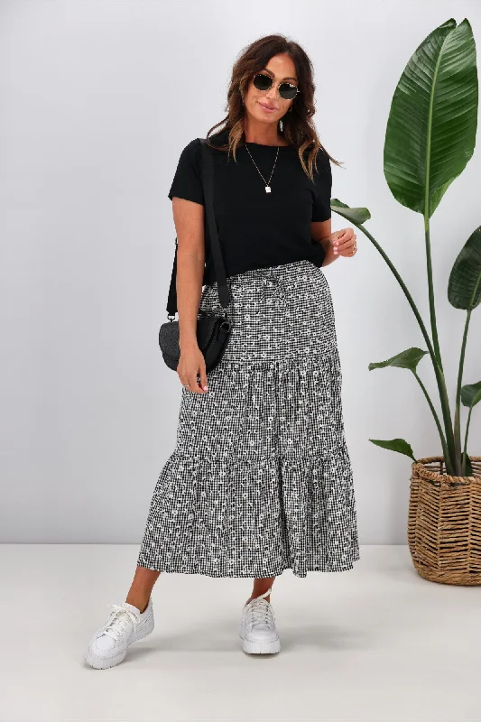 Shine On Label Vera Tiered Maxi Skirt Flower Printed Gingham denim skirt durable