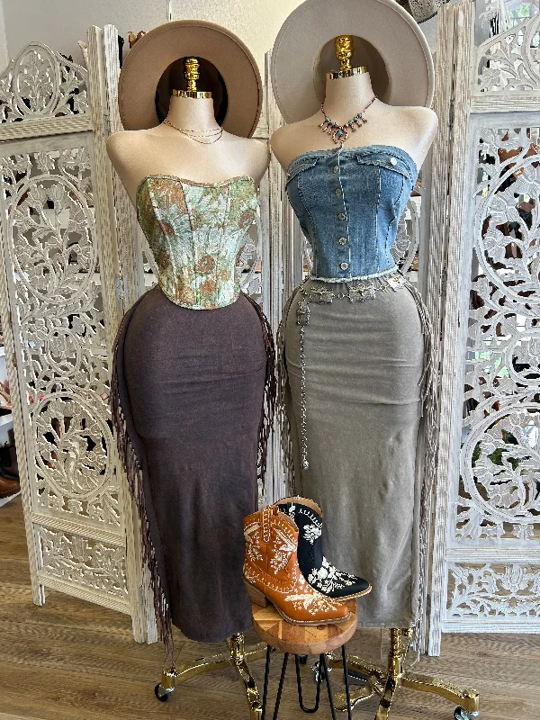 Side Fringe Midi Skirt - Estira, Stretchy asymmetrical skirt cut