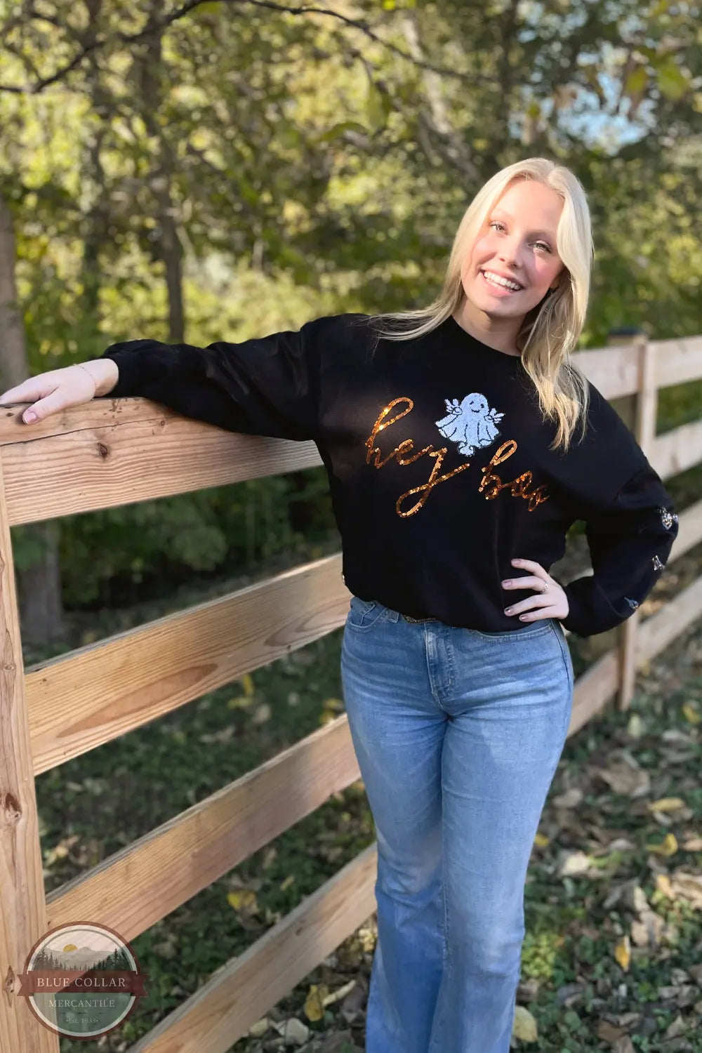 PP-0224-CREW-SQN-GHOST Hey Boo Sequin Ghost Sweatshirt Hoodie Crop Top Short Trendy