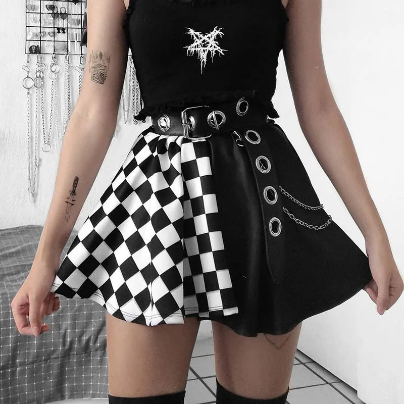 Skirt Gothic Plaid A Line Mini Skirts Harajuku Streetwear patchwork skirt art