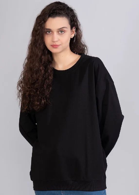 Solid Black Women Drop Shoulder Sweatshirt | Pronk Hoodie with Raglan Sleeves Sporty Comfortable Solid Black Women Drop Shoulder Sweatshirt | Pronk Hoodie with Raglan Sleeves Sporty Comfortable