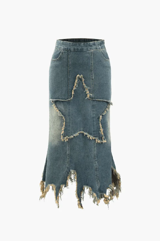 Star Patchwork Frayed Denim Skirt flowy skirt hem