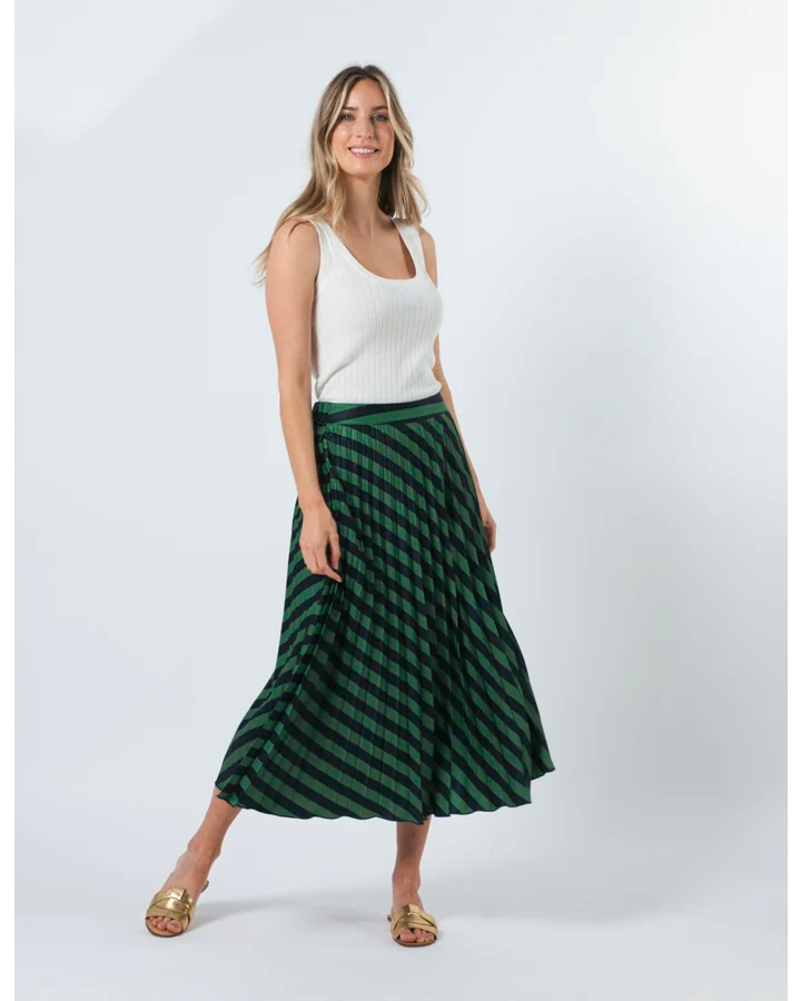 Stella + Gemma - Brigette Skirt - Navy & Green Stripe asymmetrical skirt cut