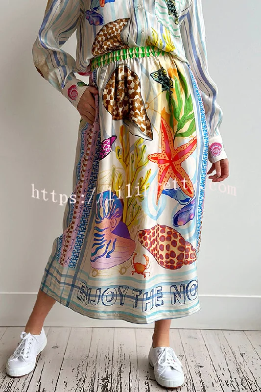 Dreamy Ocean Satin Unique Print Elastic Waist Pocket Vacation Midi Skirt linen skirt airy