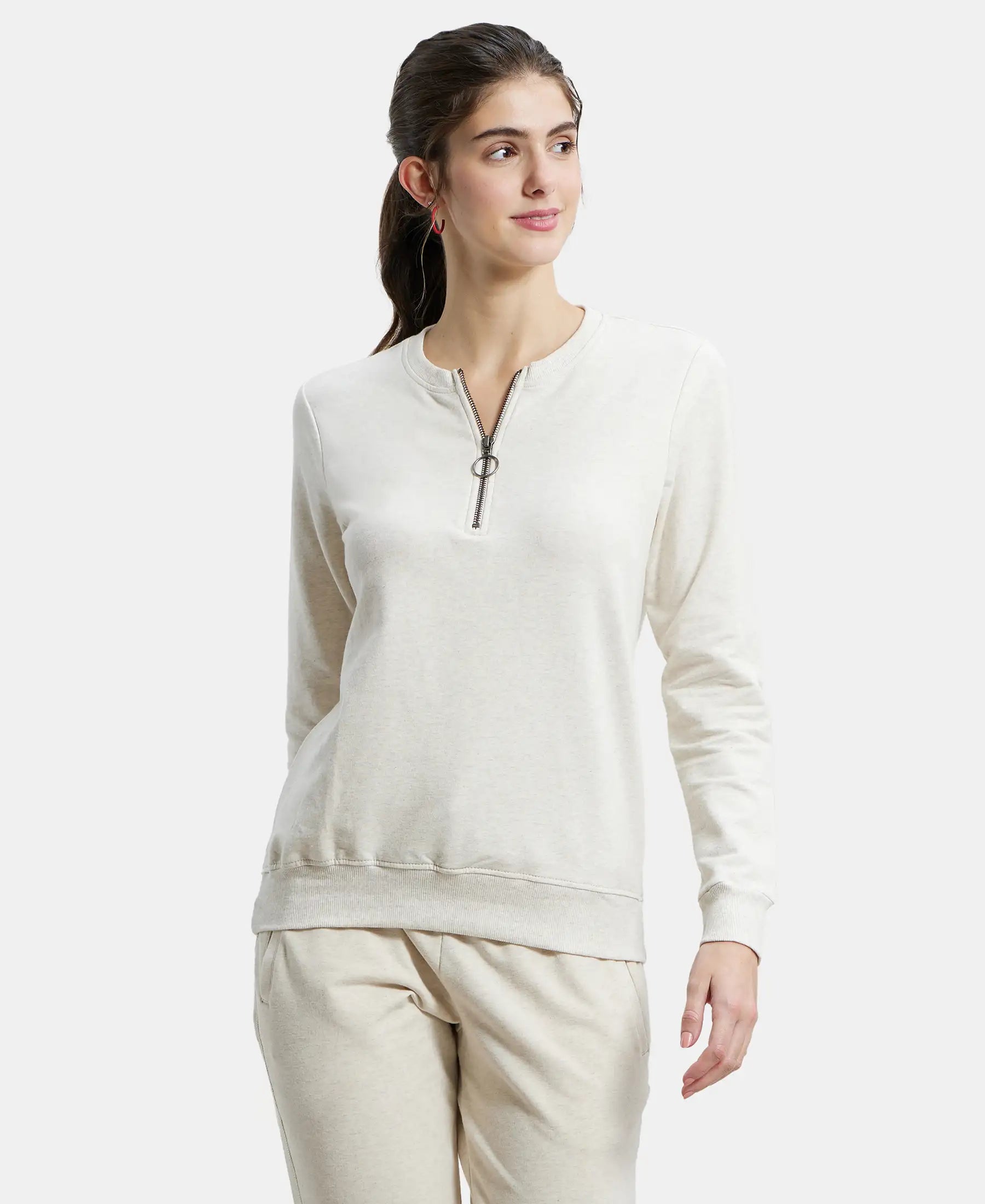 Super Combed Cotton Elastane Stretch Melange Sweatshirt with Round Neck Half Zip - Cream Melange Hoodie with Front Slit Layering Stylish Super Combed Cotton Elastane Stretch Melange Sweatshirt with Round Neck Half Zip - Cream Melange Hoodie with Front Slit Layering Stylish