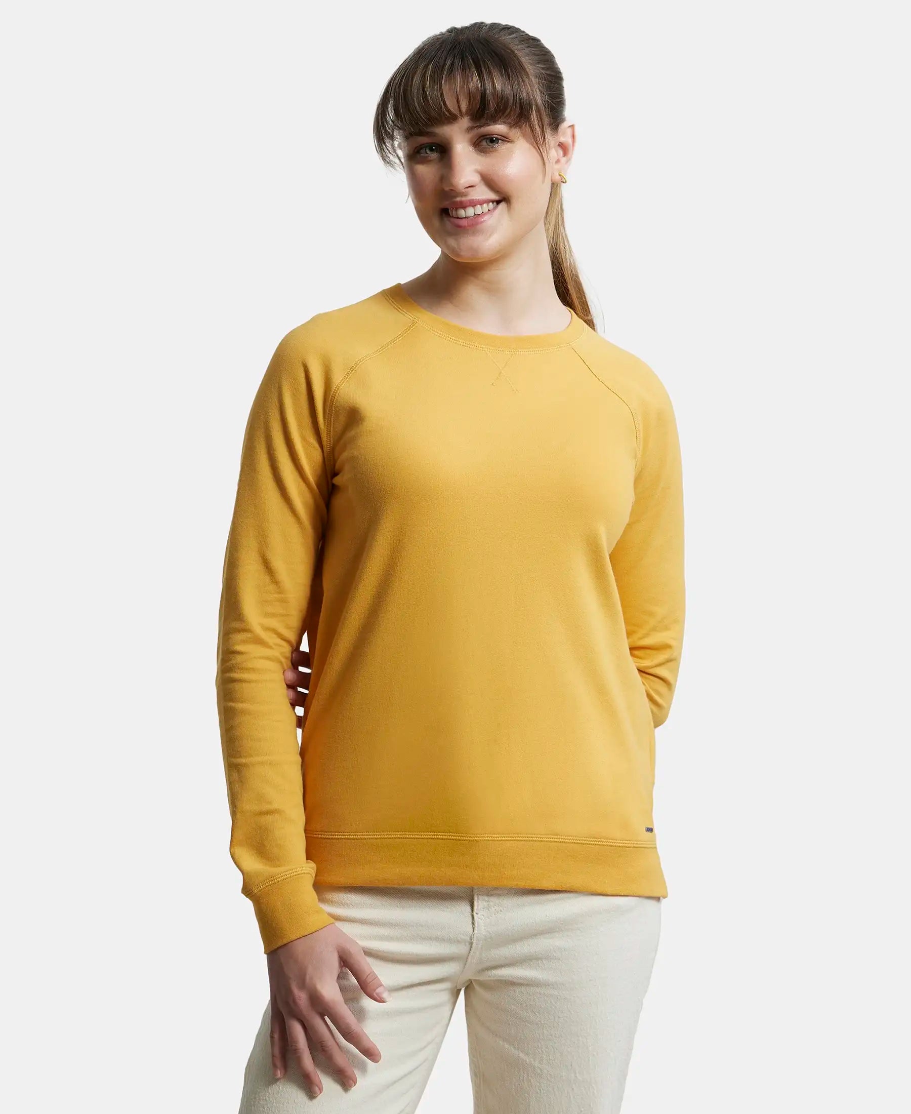 Super Combed Cotton Rich French Terry Fabric Solid Sweatshirt with Raglan Sleeve Styling - Honey Gold Hoodie with Hem Frayed Vintage Worn