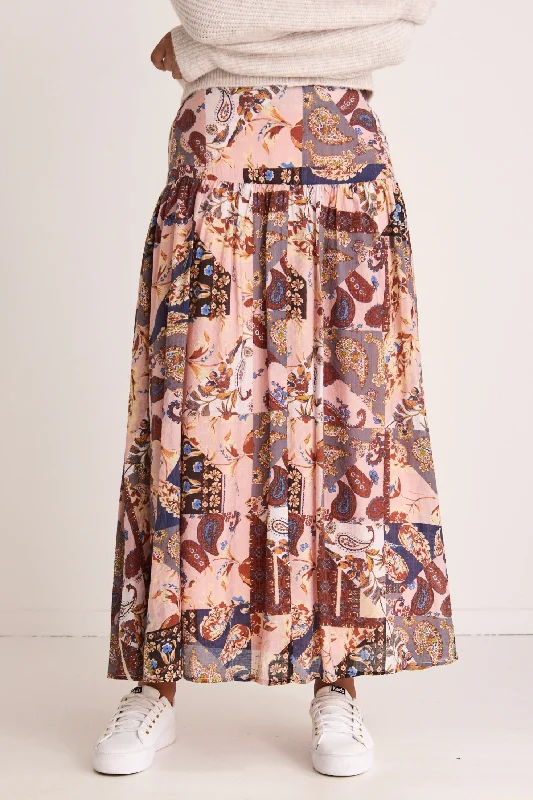 Tender Patchwork Paisley Tiered Maxi Skirt silk skirt elegant