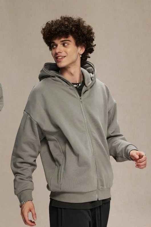 Thick Fleece Zip-Up Hoodie Hoodie with Typography Text Message