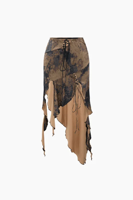 Tie Dye Asymmetric Ruffle Hem Skirt denim skirt casual