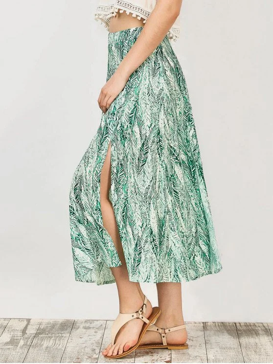 TastyHottie - Trendy Leaf Print Slit Chiffon Midi Skirt flowy skirt hem