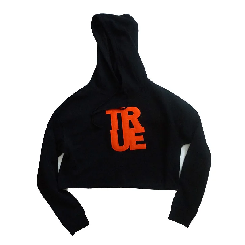 True Women's Logo Crop Hoodie Black/Orange Hoodie with Metallic Shiny Futuristic