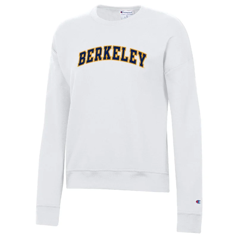 U.C. Berkeley Cal Champion women's Berkeley arch applique crew-neck sweatshirt-White Hoodie with Contrast Stitching Detailed Premium U.C. Berkeley Cal Champion women's Berkeley arch applique crew-neck sweatshirt-White Hoodie with Contrast Stitching Detailed Premium
