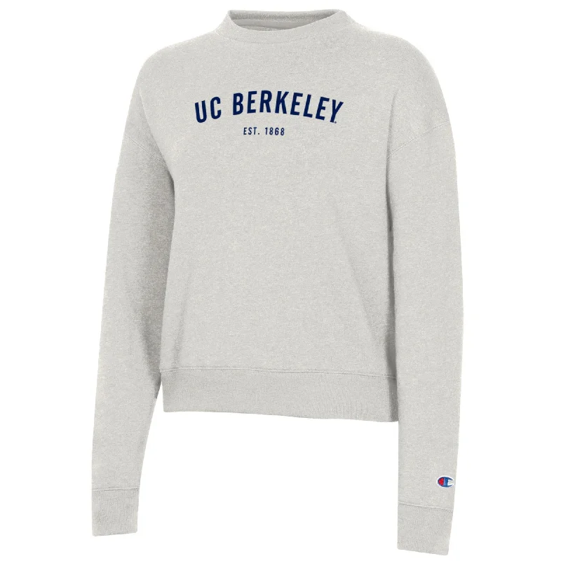 U.C. Berkeley arch 1868 embroidered Women's Champion Triumph crew-neck sweatshirt-Oatmeal Hoodie with Slim Fit Tailored Modern U.C. Berkeley arch 1868 embroidered Women's Champion Triumph crew-neck sweatshirt-Oatmeal Hoodie with Slim Fit Tailored Modern