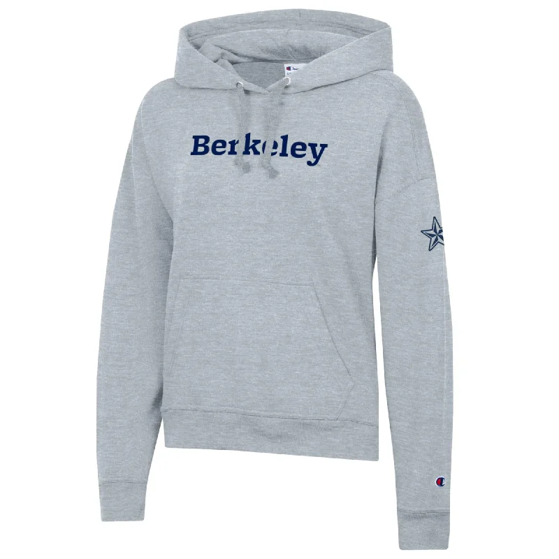 U.C. Berkeley 3D Berkeley and star embroidered women's Champion fleece hoodie -Gray Hoodie with Hem Lace Feminine Delicate