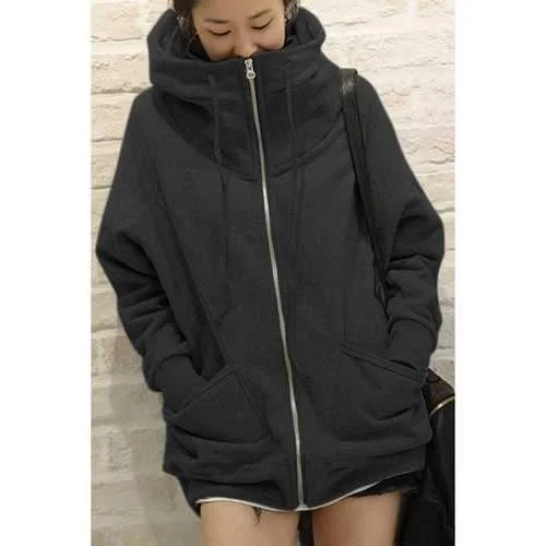 Casual Solid Color Loose-Fitting Zippered Long Sleeve Women's Hoodie - Black One Size(fit Size Xs To M) Hoodie with Raw Hem Edgy Unfinished