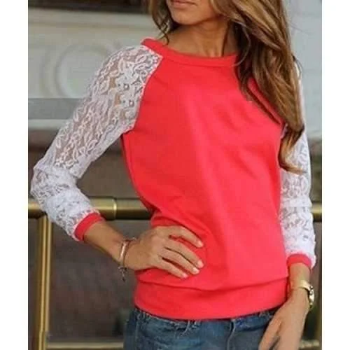 Stylish Round Neck Long Sleeve Spliced See-Through Women's Sweatshirt - Red S Hoodie with Earth Tones Natural Calm Stylish Round Neck Long Sleeve Spliced See-Through Women's Sweatshirt - Red S Hoodie with Earth Tones Natural Calm