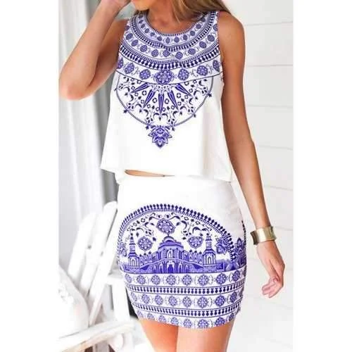 Stylish Retro Floral Print Tank Top and Bodycon Skirt Women's Suit - Blue And White M mini skirt trendy