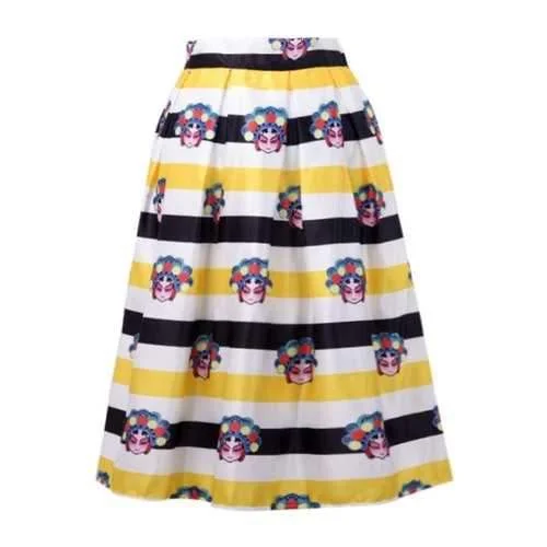 Stylish High-Waisted Ruffled A-Line Character Print Stripes Women's Midi Skirt - Yellow One Size(fit Size Xs To M) low waist skirt