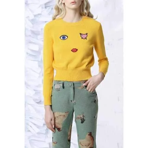 Cartoon Embroidered Sweater - Yellow S Bright Pastel Dark