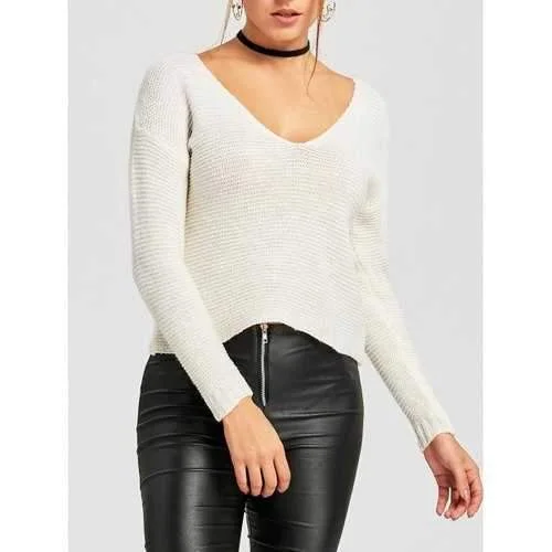 V Neck Ribbed Jumper Sweater - White M Lightweight Heavyweight Midweight