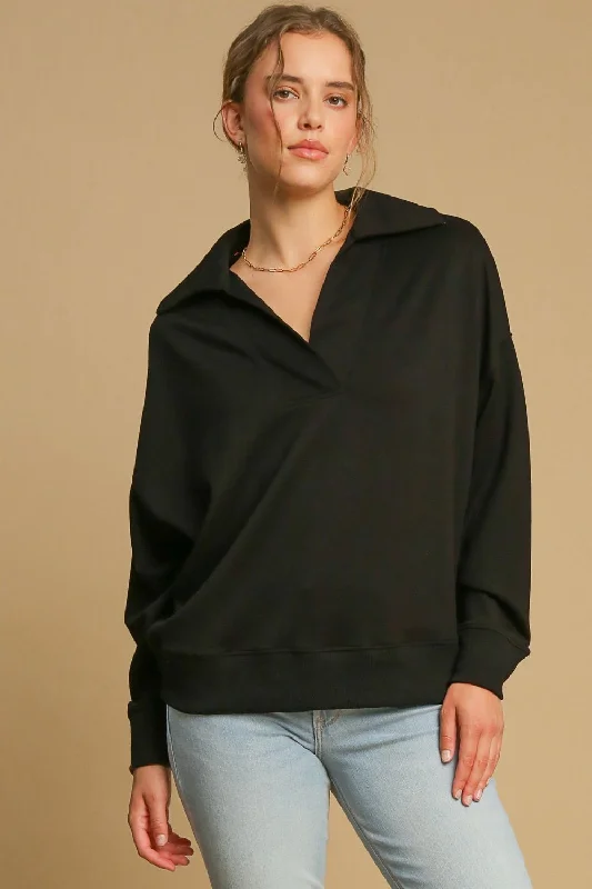 Umgee Johnny Collar Dropped Shoulder Sweatshirt - Black Hooded Sweatshirt Casual Wear Street Style