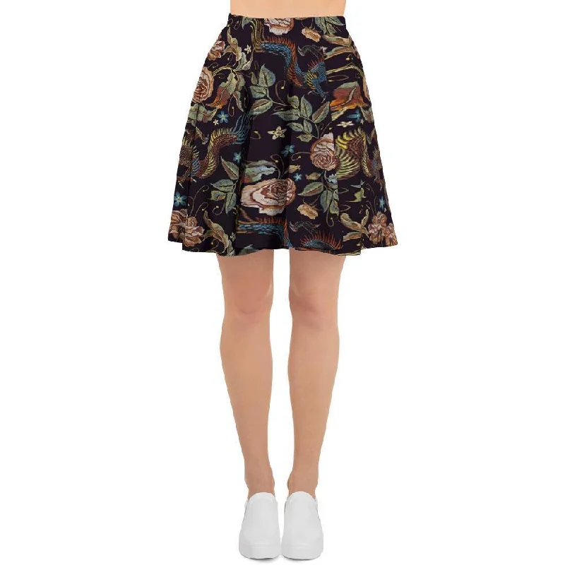Vintage Chinese Dragon Floral Print Women's Skirt leather skirt sleek