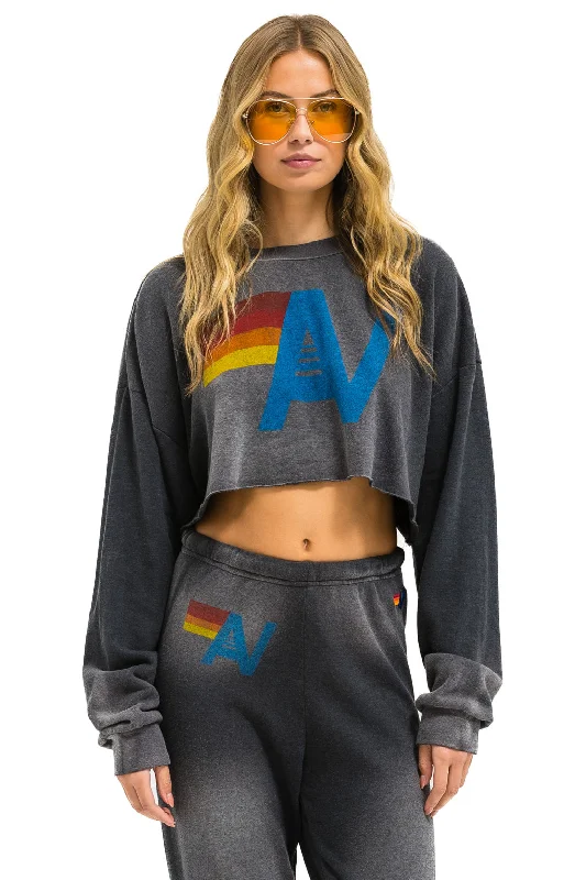 VINTAGE LOGO CROPPED CREW SWEATSHIRT RELAXED - FADED SMOKE Hoodie with Tied Waist Feminine Flattering VINTAGE LOGO CROPPED CREW SWEATSHIRT RELAXED - FADED SMOKE Hoodie with Tied Waist Feminine Flattering