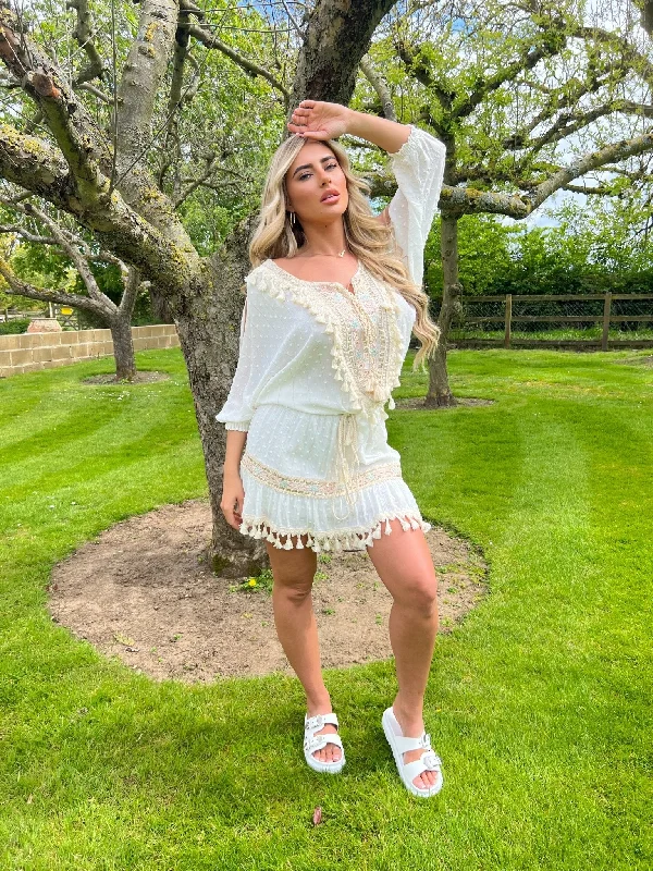 White Boho Embellished Skirt button skirt front