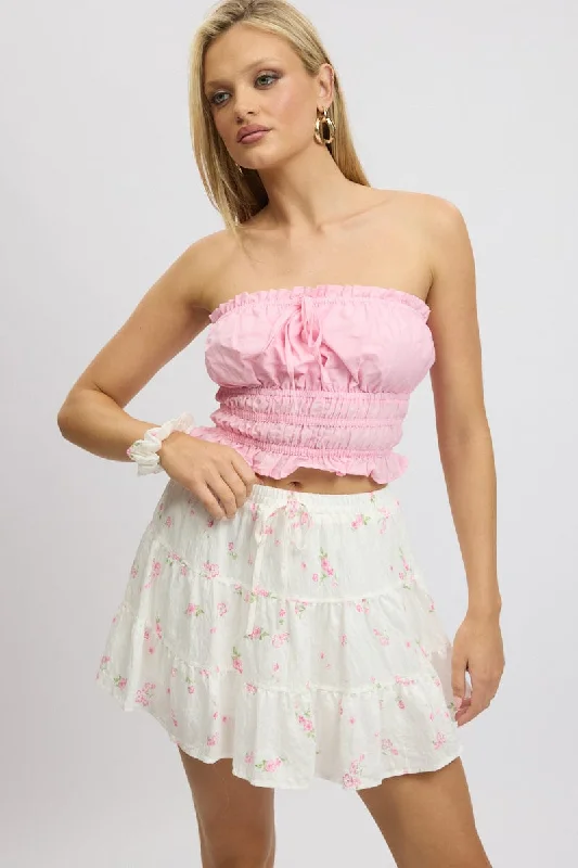 White Ditsy Skater Skirt High Rise Tiered Mini Lined denim skirt casual