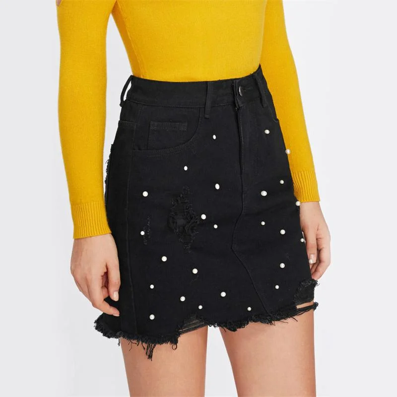 Winona Black Beaded Denim Skirt ribbed skirt waist