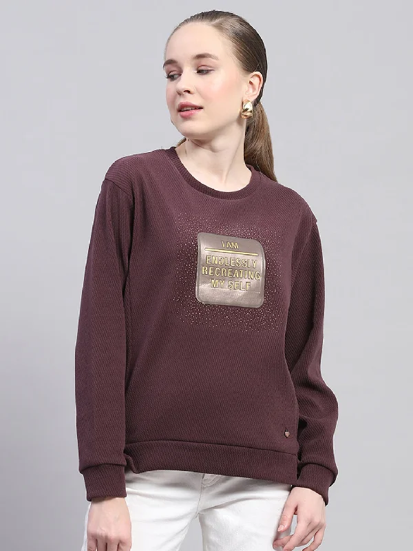 Women Maroon Printed Round Neck Full Sleeve Sweatshirt Hoodie with Velcro Closure Adjustable Secure