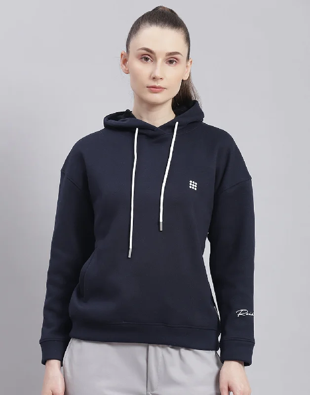 Women Navy Blue Solid Hooded Full Sleeve Sweatshirt Hoodie with Applique Textured Unique Women Navy Blue Solid Hooded Full Sleeve Sweatshirt Hoodie with Applique Textured Unique