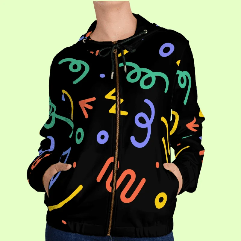 Women’s Black Doodle Full Zip Hoodie Hoodie with Ribbed Neckline Snug Warm