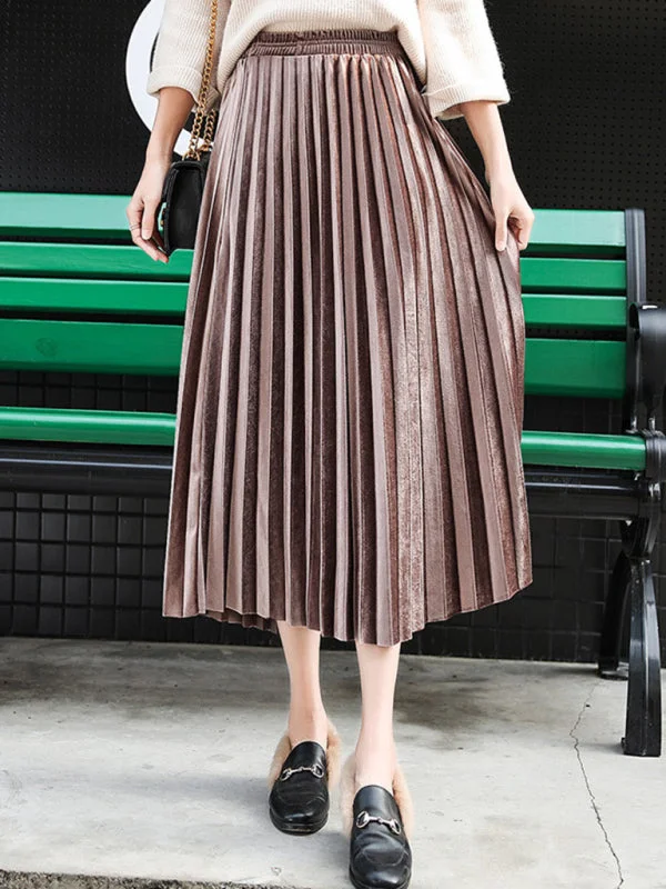 Women's gold velvet pleated skirt with wide hem chiffon skirt airy