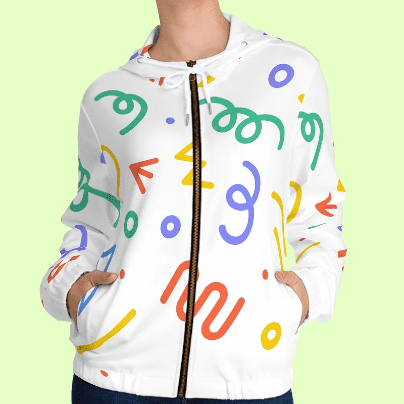 Women’s White Doodle Full Zip Hoodie Hoodie with V-Neck Classic Versatile
