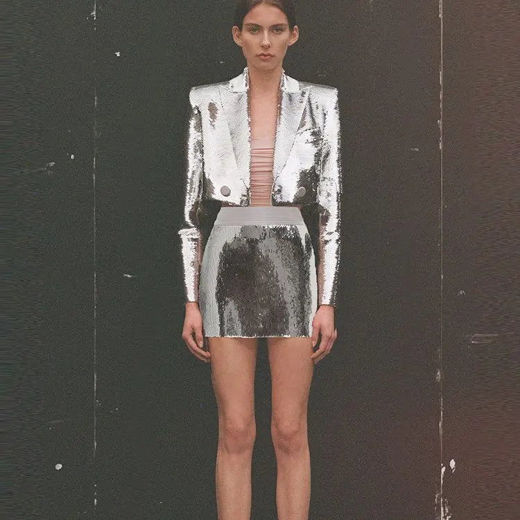 Women's Glitter Sequined Notched Collar Crop Jacket Mini Skirt Two Piece Set wool skirt warm