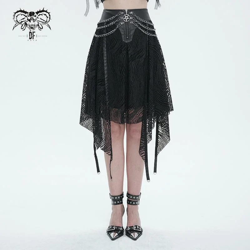 Women's Gothic Irregular Mesh Skirt with Chain wool skirt sturdy