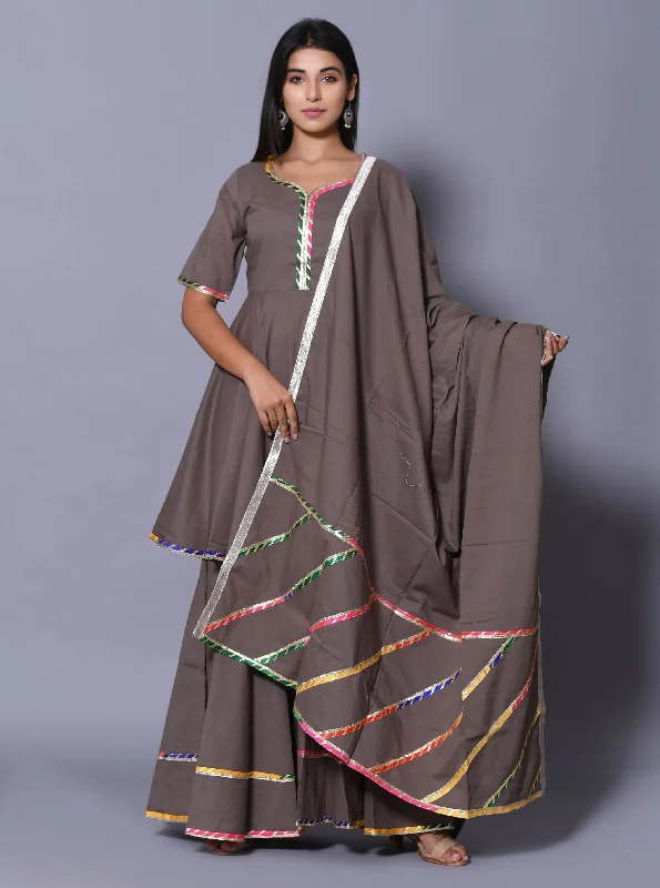 Women's Grey Hand Block Printed Peplum Top & Skirt Set - Saras The Label chiffon skirt lightweight