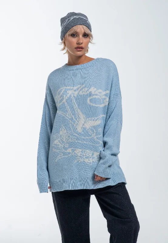 Womens Love Bird Jaquard Knitted Jumper - Blue Zippered Front Buttoned Front Snap Front