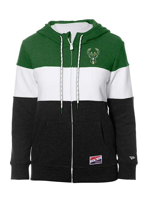Women's New Era Milwaukee Bucks Tri-Color Full Zip Hooded Sweatshirt Hoodie with Hood Adjustable Protection