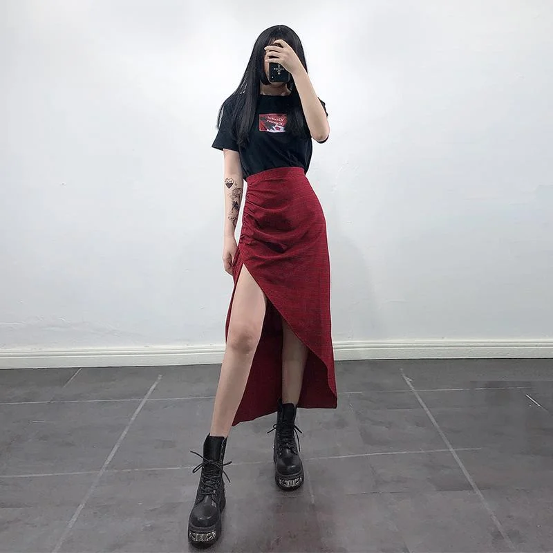 Women's Ruched Red Slit Wrap Skirts flowy skirt hem