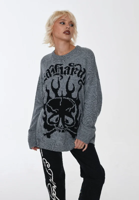 Womens Skull In Flames Jaquard Knitted Jumper - Grey/Black Cashmere Blend Cotton Blend Poly Blend