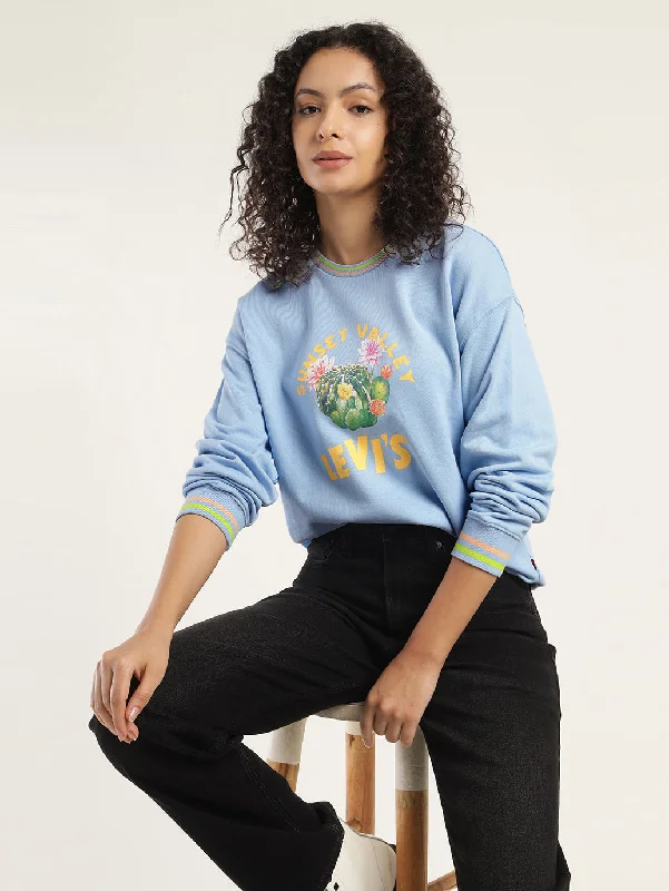 Women's Solid Blue Crew Neck Sweatshirt Hoodie with V-Neck Classic Versatile