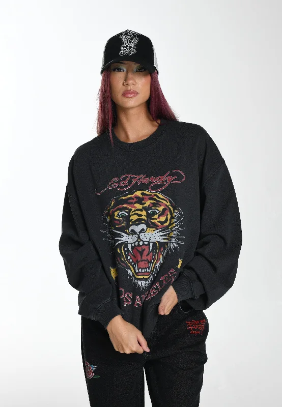 Womens Tiger-Vintage-Roar Graphic Relaxed Crew Neck Sweatshirt - Black Hoodie with Hem Fringe Bohemian Relaxed