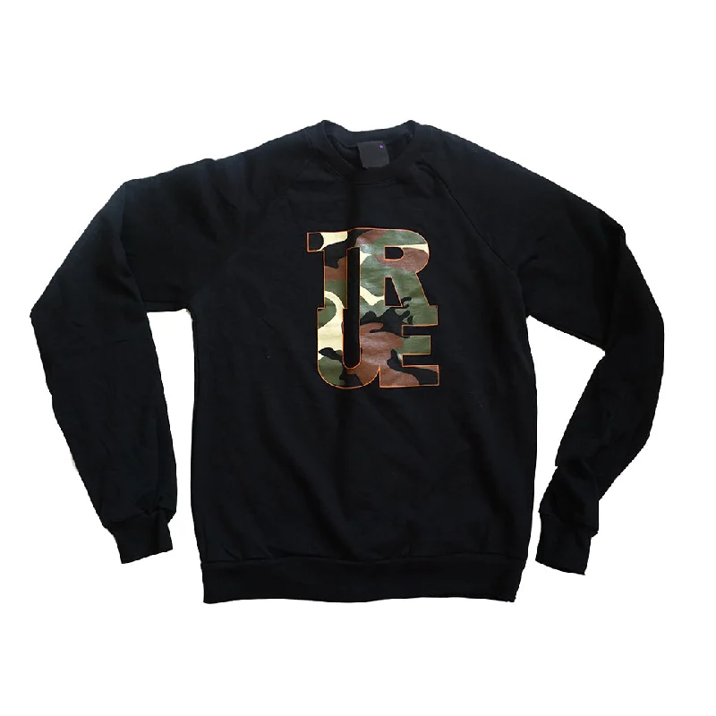 Womens True Logo Camo Crewneck Sweatshirt Black Hoodie with Typography Text Message