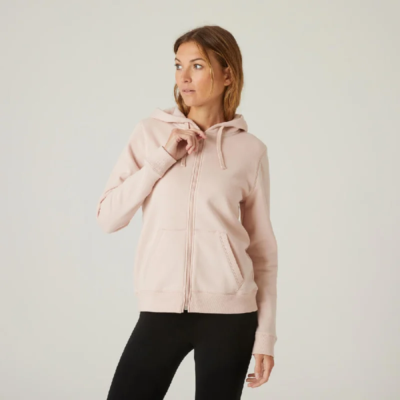 Women's Zip-Up Fitness Hoodie 500 - Pink Hoodie with Mock Neck Collared Structured