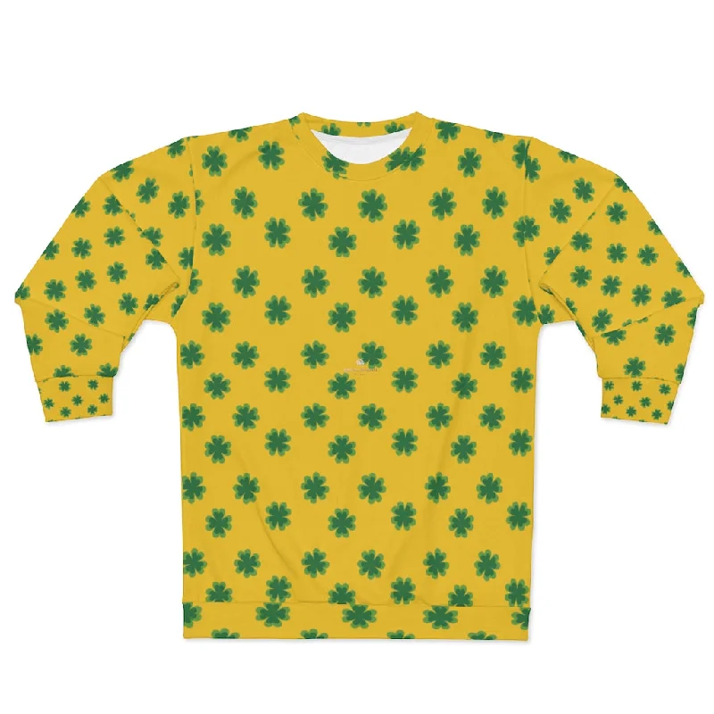 Yellow St. Patty's Day Sweatshirt, Yellow St. Patrick's Day Green Clover Print Unisex Couple's Designer Sweatshirt- Made in USA Hoodie with Set-In Sleeves Structured Classic