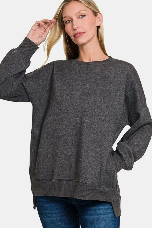 Zenana High-Low Acid Wash Fleece Sweatshirt - Black Hoodie with Double Zipper Versatile Adjustable