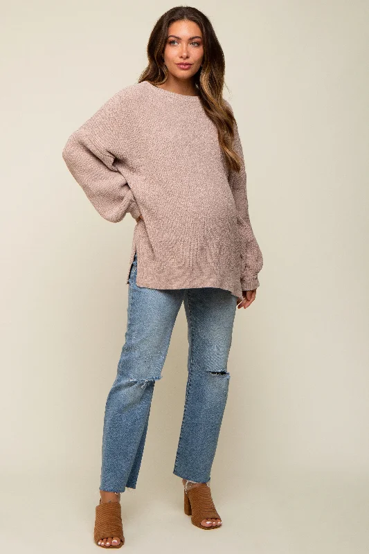 Beige Chenille Knit Balloon Sleeve Maternity Sweater Print Jacquard Patchwork