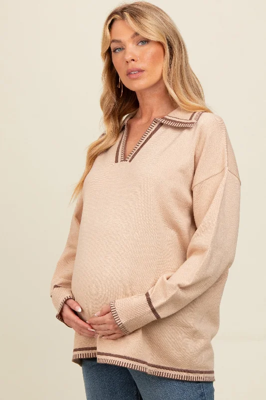 Beige Contrast Trim Collared Maternity Sweater Jersey Fabric Tulle Fabric Batik Fabric